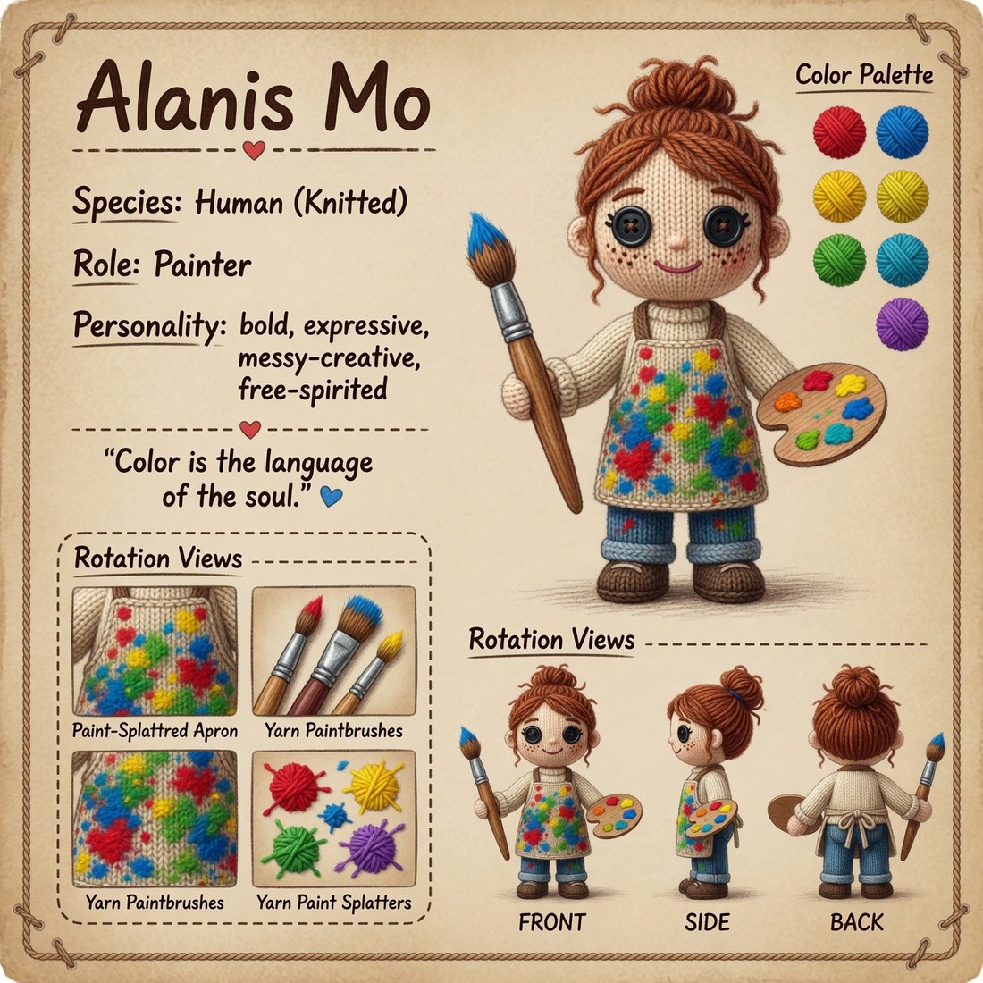 Alanis Mo, ARTic Designers knitted painter character reference card