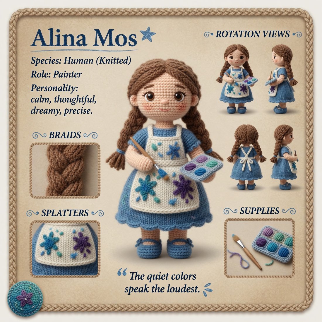 Alina Mos, ARTic Designers knitted painter character reference card