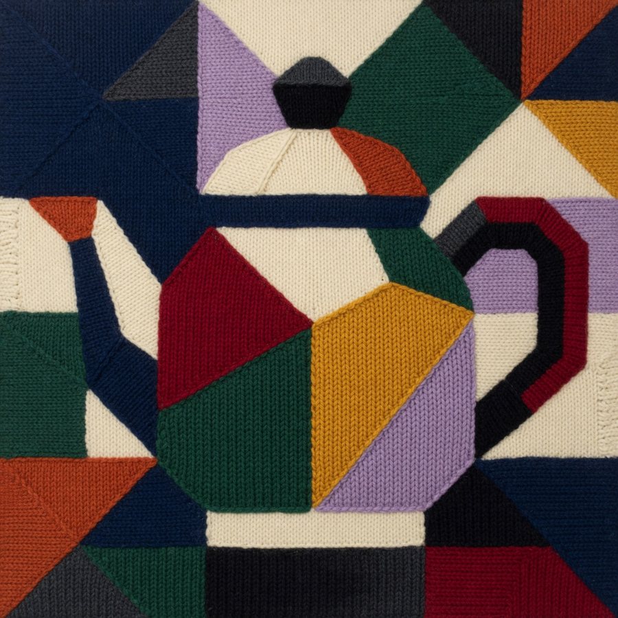 Geometric knitted-texture art prints, color-blocked still life