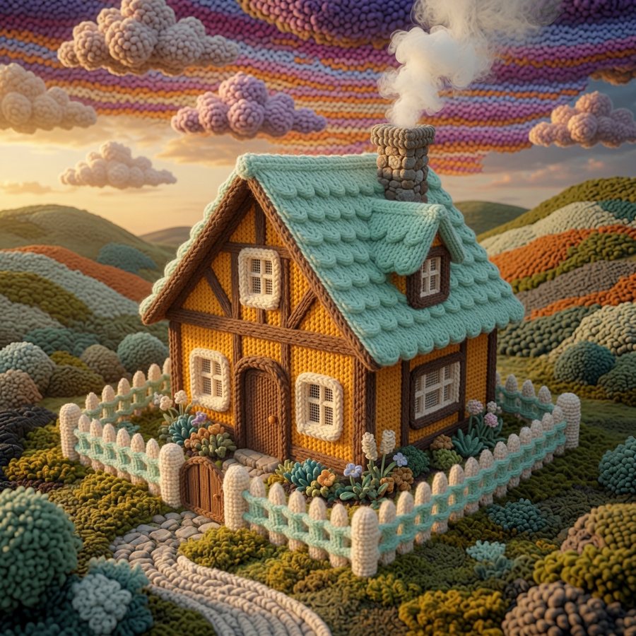 Knitted fairytale cottage landscape art, wool hills and cloud sky