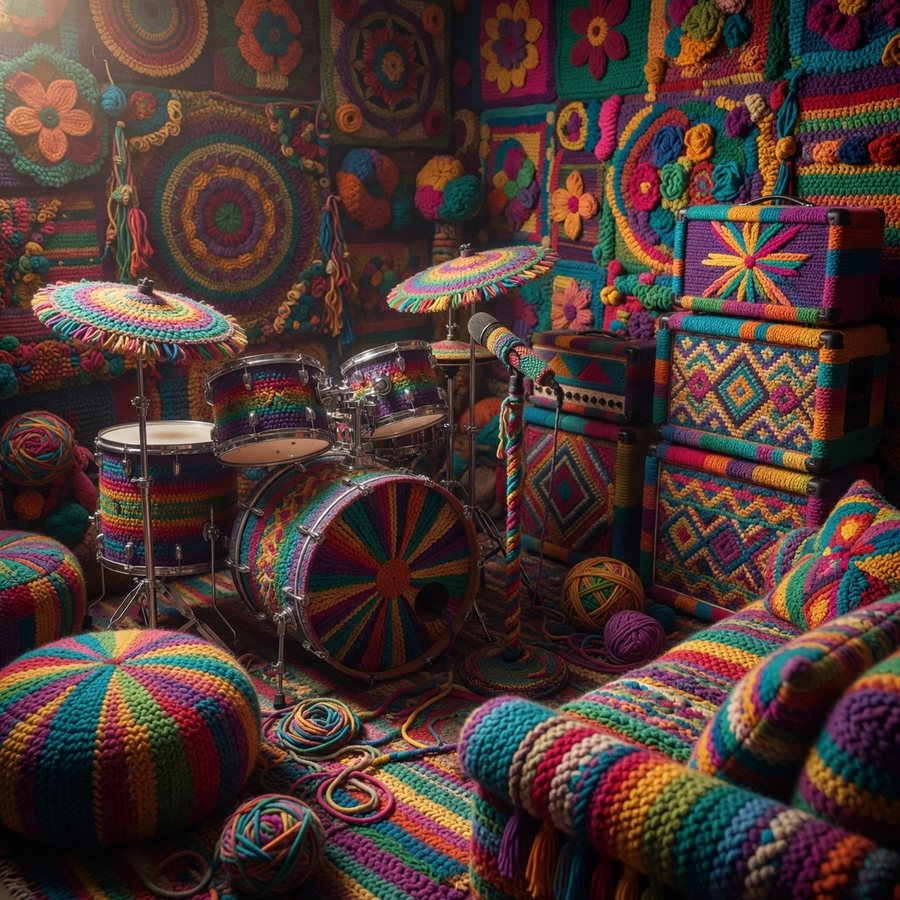 Maximalist yarn-bombed room art, crochet drum kit