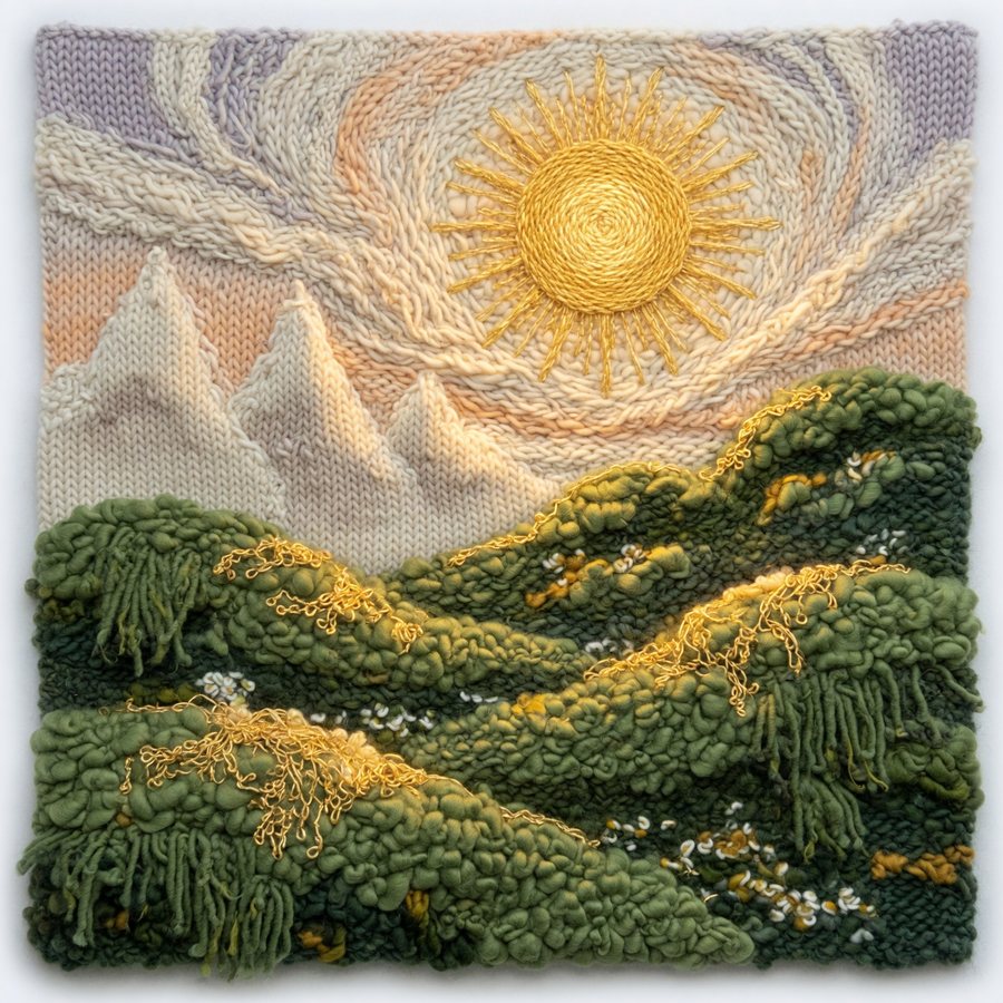 Fiber art seasonal landscape, knitted sun and tufted wool hills