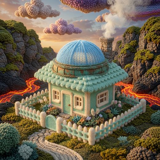 Blue Domed Building Lava Streams — free Knitted Fairytale Cottages knitted art print