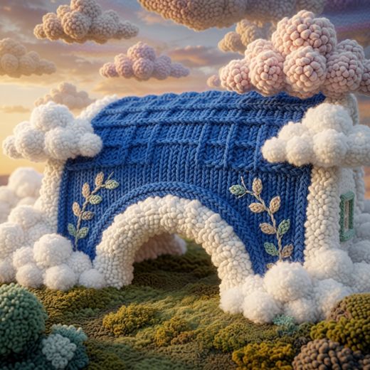 Blue Yarn Arch With Clouds — free Knitted Fairytale Cottages knitted art print
