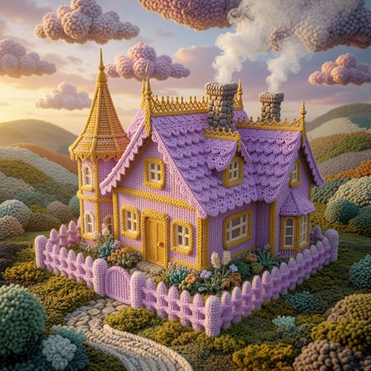 Elaborate Purple Gold Mansion — free Knitted Fairytale Cottages knitted art print
