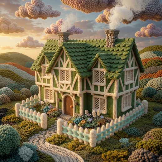 Green Tudor Manor House — free Knitted Fairytale Cottages knitted art print
