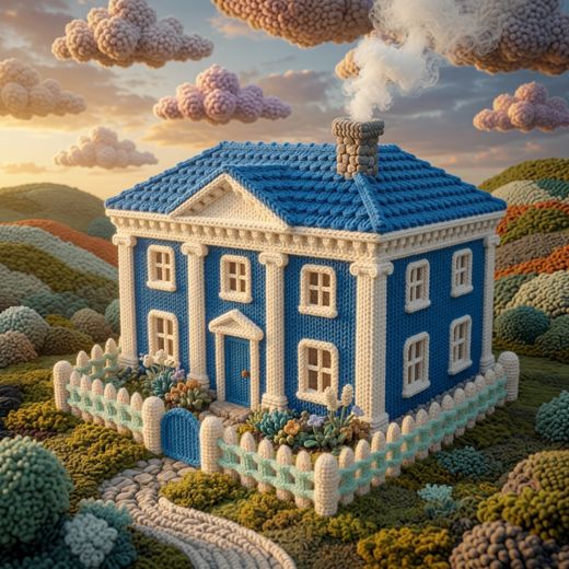 Knitted Blue Bridge Arch — free Knitted Fairytale Cottages knitted art print