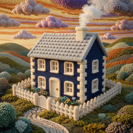Navy Multi Story Townhouse — free Knitted Fairytale Cottages knitted art print