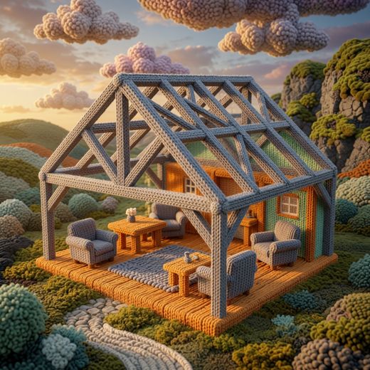 Open Frame Greenhouse Structure — free Knitted Fairytale Cottages knitted art print