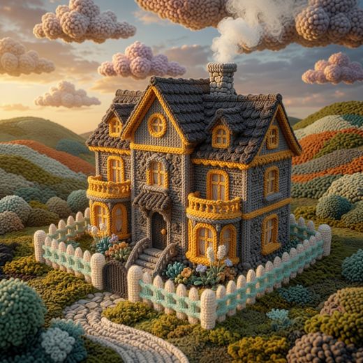 Ornate Victorian Mansion — free Knitted Fairytale Cottages knitted art print