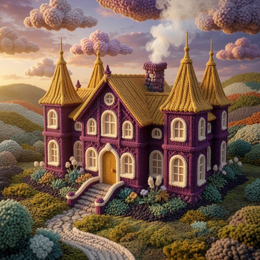 Purple Castle Towers — free Knitted Fairytale Cottages knitted art print