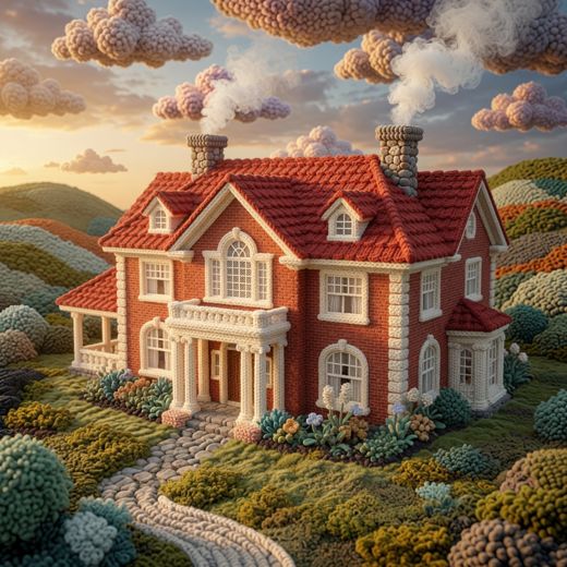 Red Brick Colonial Manor — free Knitted Fairytale Cottages knitted art print