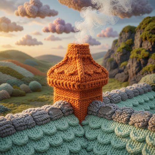 Spiral Chimney Tower On Water — free Knitted Fairytale Cottages knitted art print