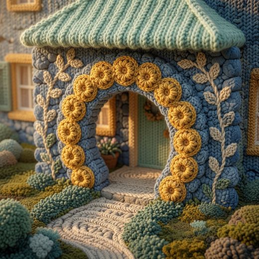 Sunflower Garden Archway — free Knitted Fairytale Cottages knitted art print