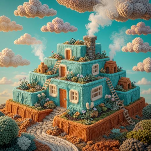 Teal Stepped Pyramid Temple — free Knitted Fairytale Cottages knitted art print