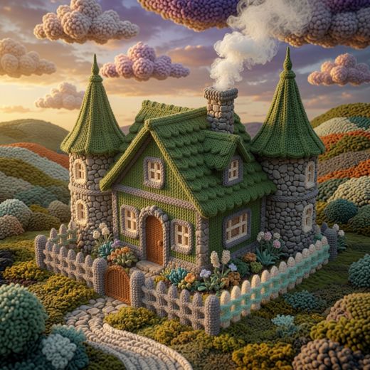 Turreted Castle Like Cottage — free Knitted Fairytale Cottages knitted art print