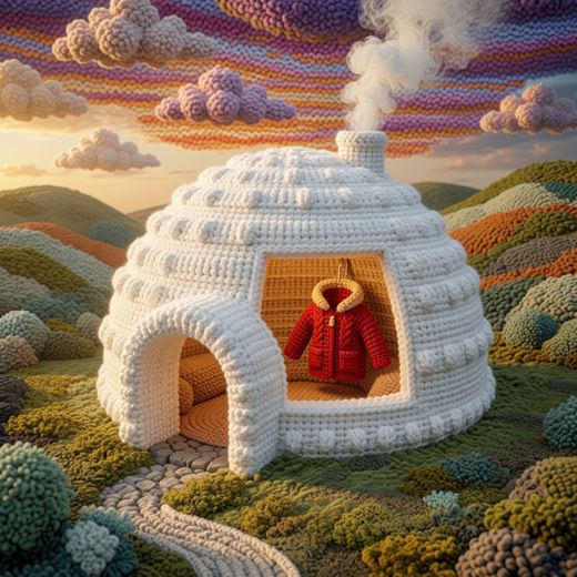 White Igloo Dome House — free Knitted Fairytale Cottages knitted art print