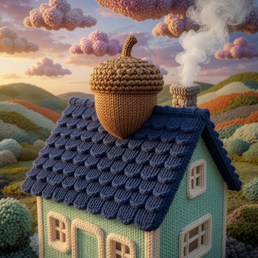 Acorn Roof Cottage Closeup — free Knitted Fairytale Cottages knitted art print