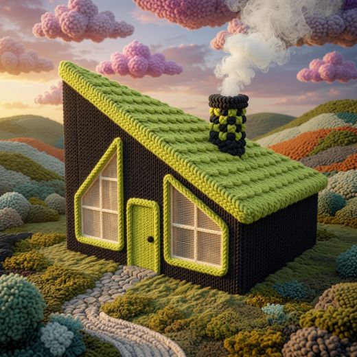 Black Checkered Roof Cottage — free Knitted Fairytale Cottages knitted art print
