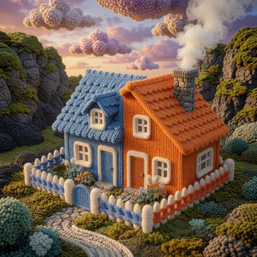 Blue And Orange Cottage — free Knitted Fairytale Cottages knitted art print
