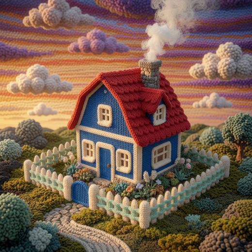 Blue Cottage Red Roof — free Knitted Fairytale Cottages knitted art print