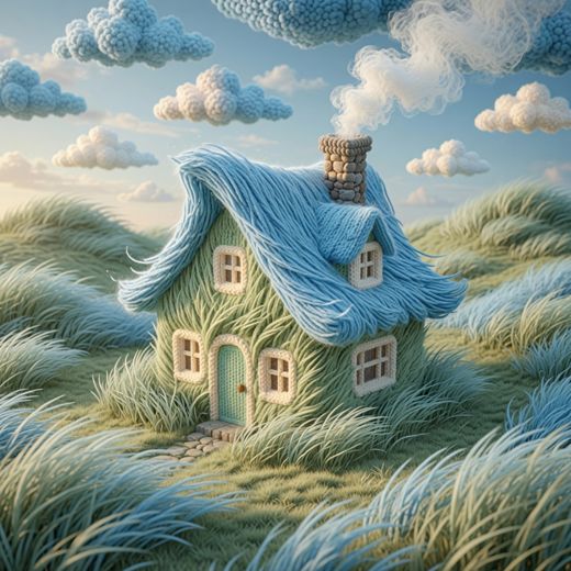 Blue Cottage Wispy Grass — free Knitted Fairytale Cottages knitted art print
