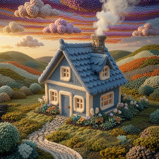 Blue Roof Cottage — free Knitted Fairytale Cottages knitted art print