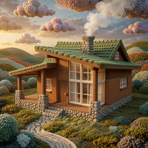 Brown Cottage Big Windows — free Knitted Fairytale Cottages knitted art print