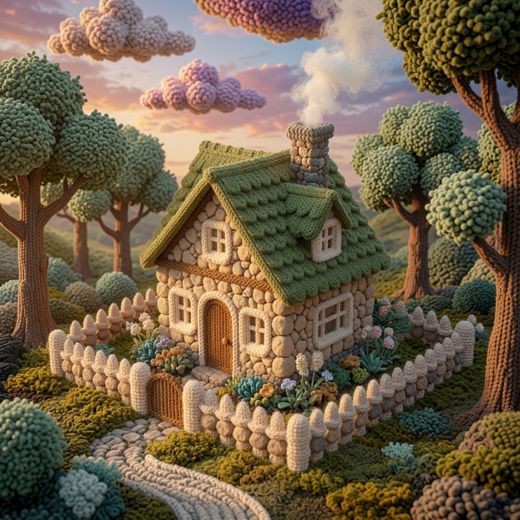 Cottage Among Trees — free Knitted Fairytale Cottages knitted art print