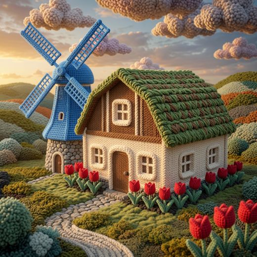 Cottage With Blue Windmill — free Knitted Fairytale Cottages knitted art print