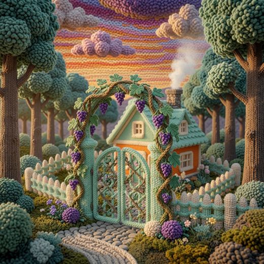 Cottage With Vine Archway — free Knitted Fairytale Cottages knitted art print