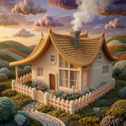 Cream Cottage Sloped Roof — free Knitted Fairytale Cottages knitted art print