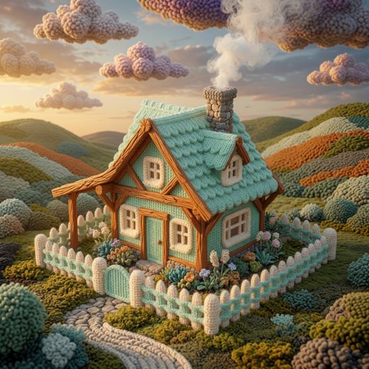 Cream Tudor Cottage — free Knitted Fairytale Cottages knitted art print