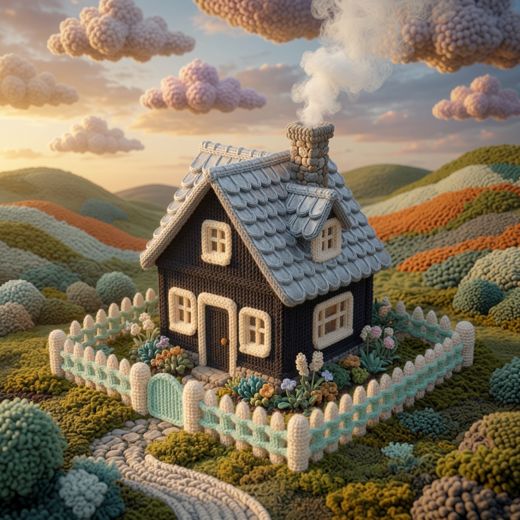 Dark Cottage On Hillside — free Knitted Fairytale Cottages knitted art print