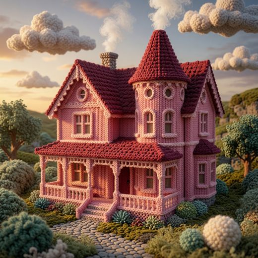 Dark Red Cottage — free Knitted Fairytale Cottages knitted art print