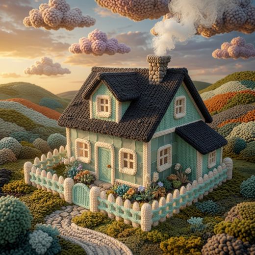 Dark Roof Cottage — free Knitted Fairytale Cottages knitted art print
