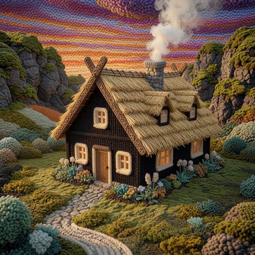 Dark Thatched Stone Cottage — free Knitted Fairytale Cottages knitted art print