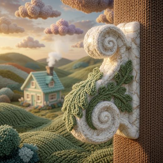 Distant Cottage On Cliff Edge — free Knitted Fairytale Cottages knitted art print