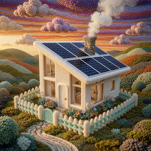 Golden Cottage Red Roof — free Knitted Fairytale Cottages knitted art print