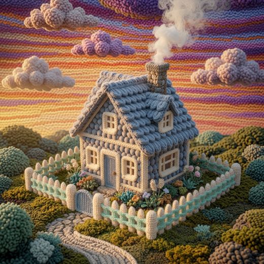 Gray Blue Cottage With Fence — free Knitted Fairytale Cottages knitted art print