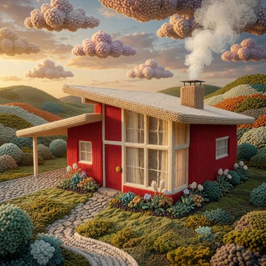 Gray House Red Roof — free Knitted Fairytale Cottages knitted art print