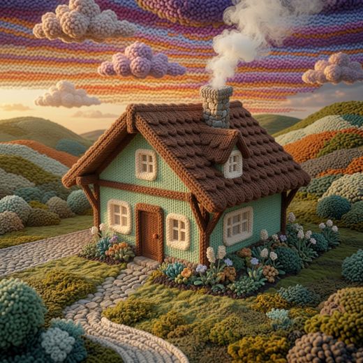 Green Cottage Brown Roof — free Knitted Fairytale Cottages knitted art print