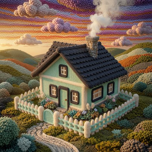 Green Cottage Dark Roof — free Knitted Fairytale Cottages knitted art print