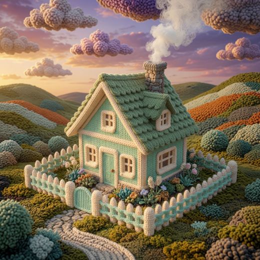 Green Cottage On Hillside — free Knitted Fairytale Cottages knitted art print