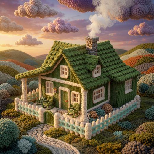 Green Cottage Picket Fence — free Knitted Fairytale Cottages knitted art print