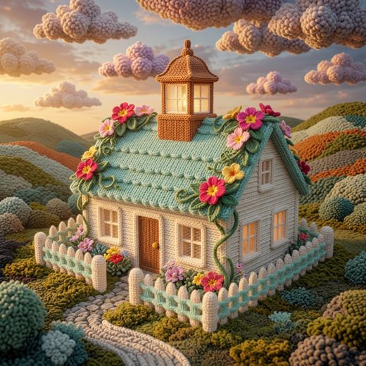 Green Cottage With Pink Flowers — free Knitted Fairytale Cottages knitted art print