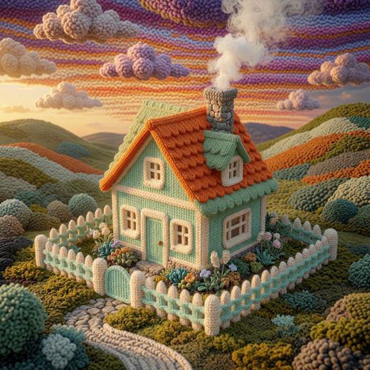 Green Orange Roof Cottage — free Knitted Fairytale Cottages knitted art print