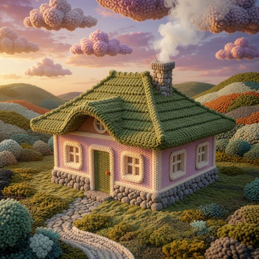Green Roofed Pink Cottage — free Knitted Fairytale Cottages knitted art print