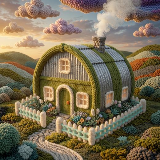 Green Striped Barrel Roof Cottage — free Knitted Fairytale Cottages knitted art print