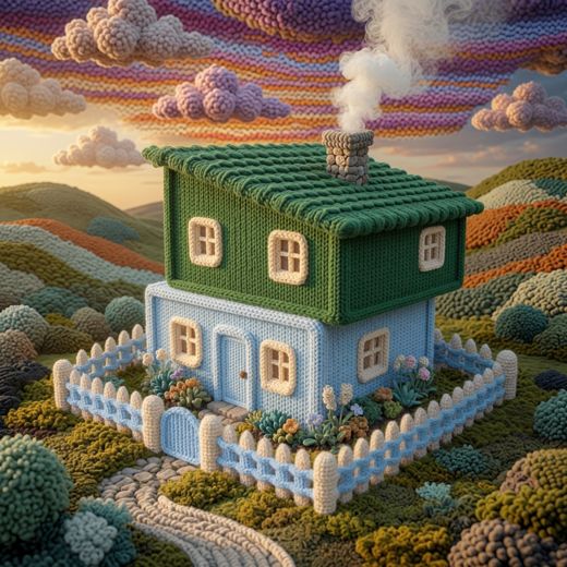 Green Two Story Cottage — free Knitted Fairytale Cottages knitted art print